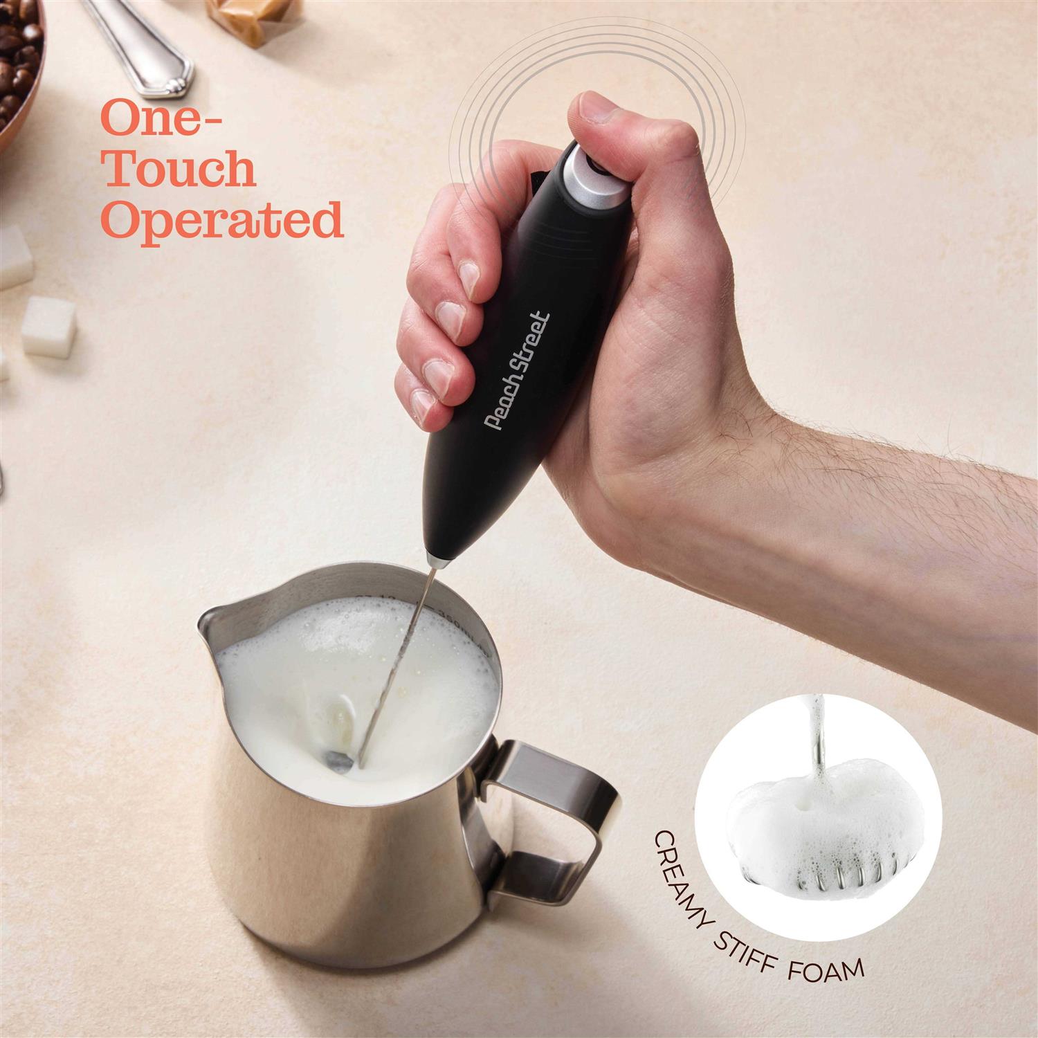 Powerful Handheld Milk Frother Mini Milk Foamer Battery Operated Stainless Steel Drink Mixer with Frother Stand