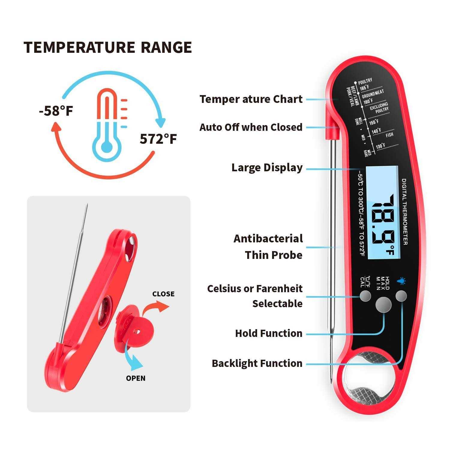 Smak Digital Instant Read Meat Thermometer Waterproof Kitchen Food Cooking Thermometer with Backlight LCD