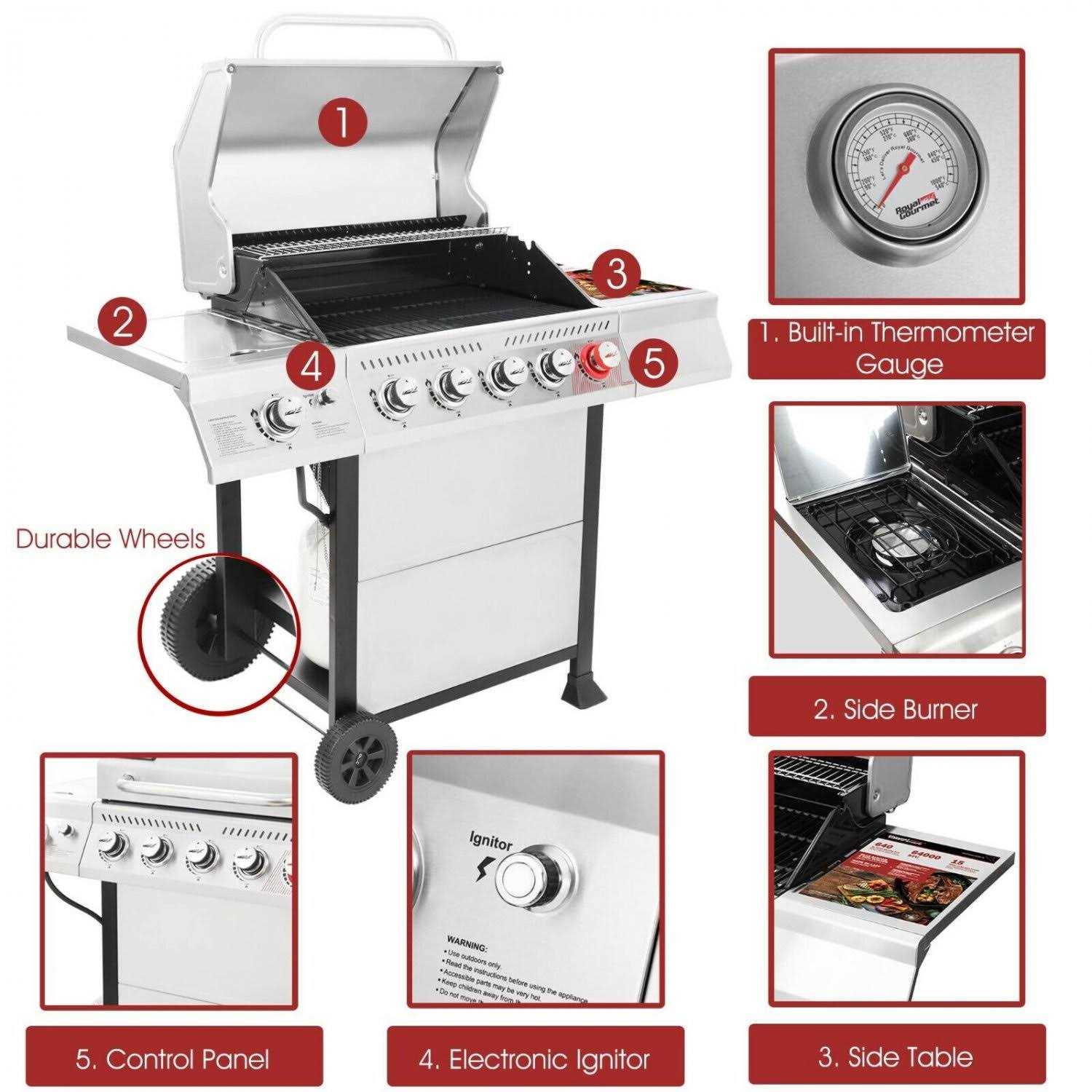 Royal Gourmet Liquid Propane Gas 5-Burner BBQ Grill with Side Burner and Sear Burner