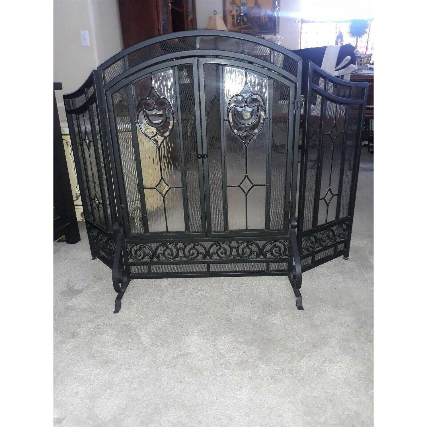 Plow & Hearth Two-Door Fireplace Screen with Glass Floral Panels