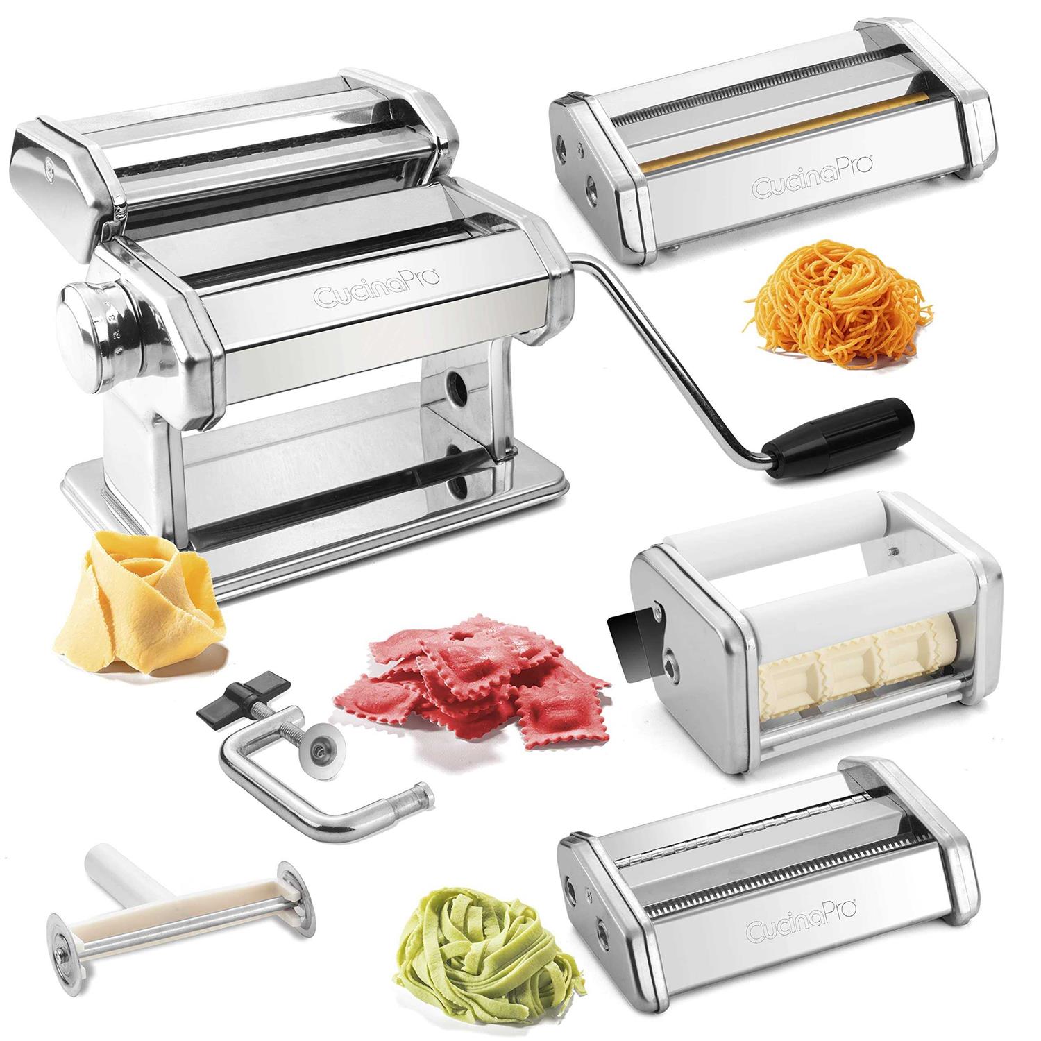 Pasta Maker Deluxe Set by Cucina Pro -Includes Spaghetti Fettucini Angel Hair Ravioli Lasagnette Attachments