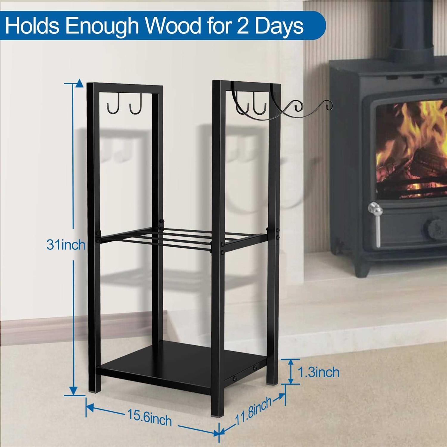 MOFEEZ Firewood Rack Log Holder Indoor with Kindling Hooks Powder-coated Steel Made