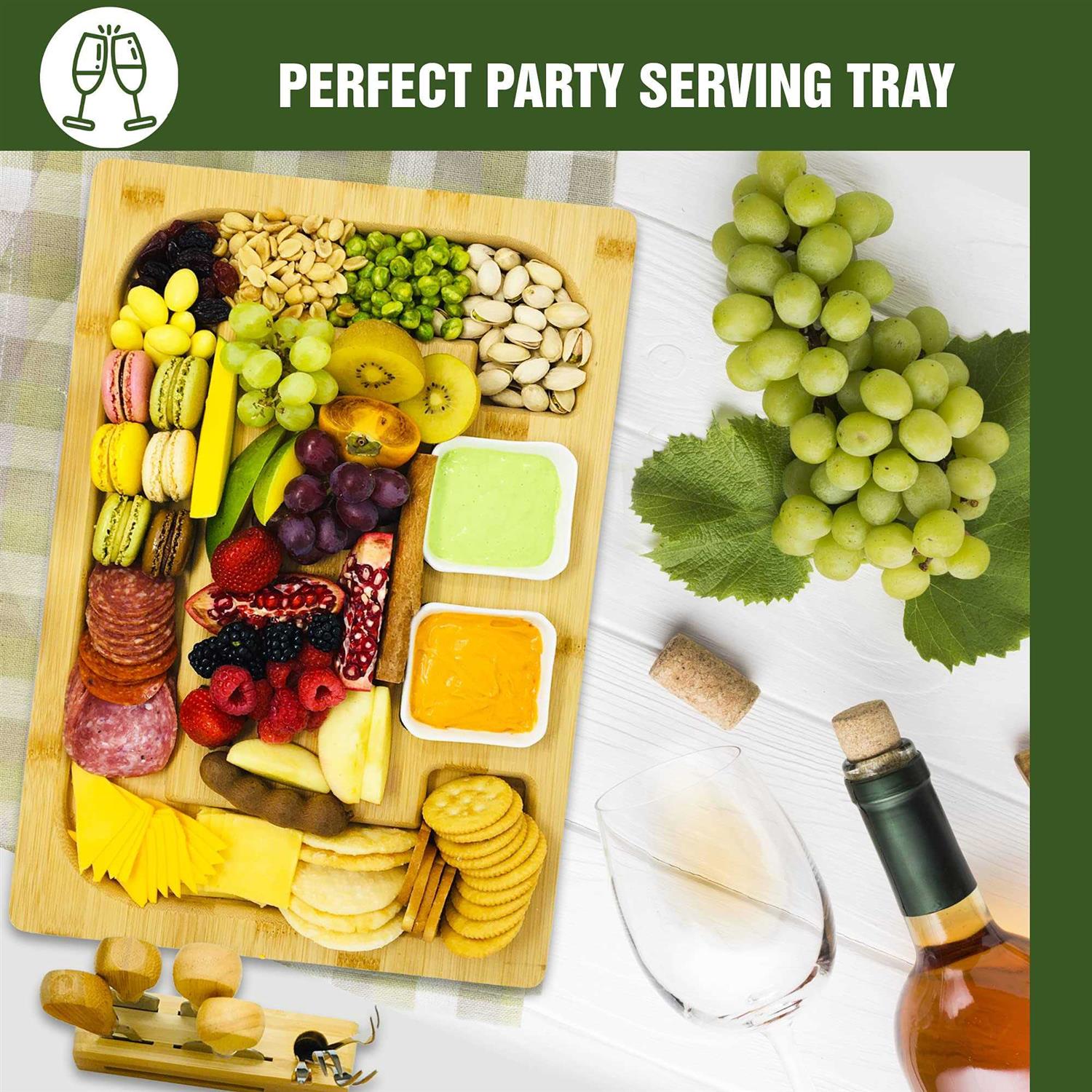 Charcuterie Cheese Board Set with Bonus Knives, Bowls, and Forks – Reversible Extra