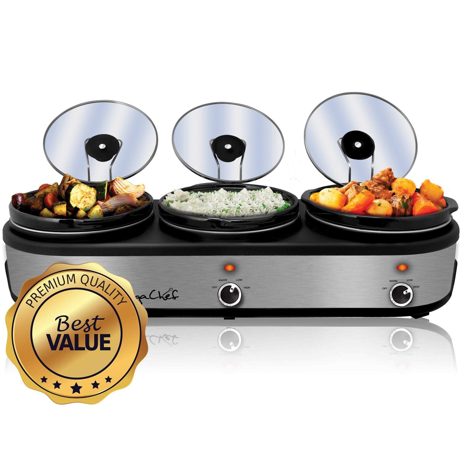 MegaChef Triple 2.5 Quart Slow Cooker and Buffet Server in Brushed