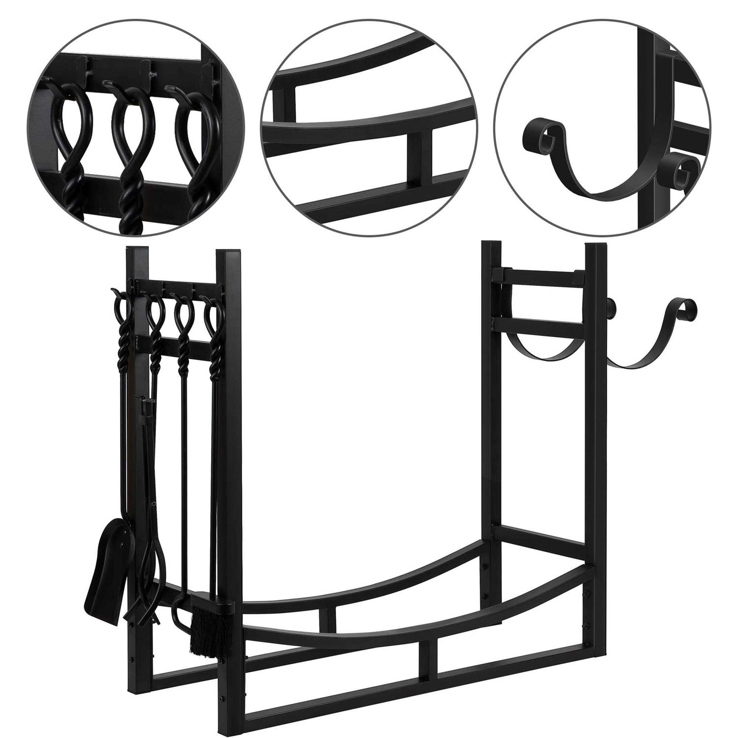 Amagabeli Large Firewood Rack With Fireplace Tools Set 33.5 Inch Wood Rack Wrought Iron Indoor Outdoor Kindling Log Holder Heavy Duty Wide Wood