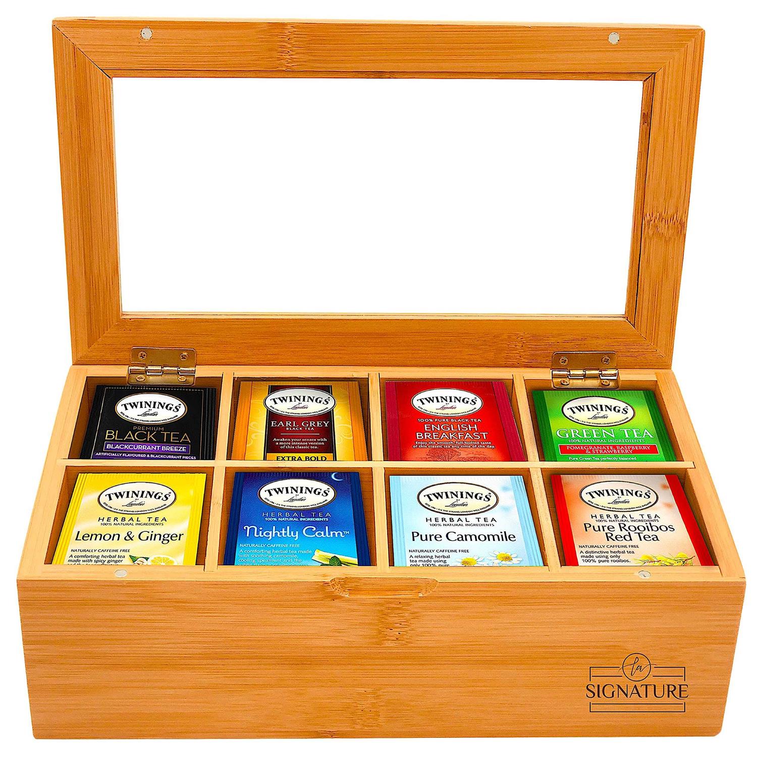 Natural Bamboo Tea Box Storage Organizer 8 Compartments Tea Bag Holder with Clear Acrylic Window
