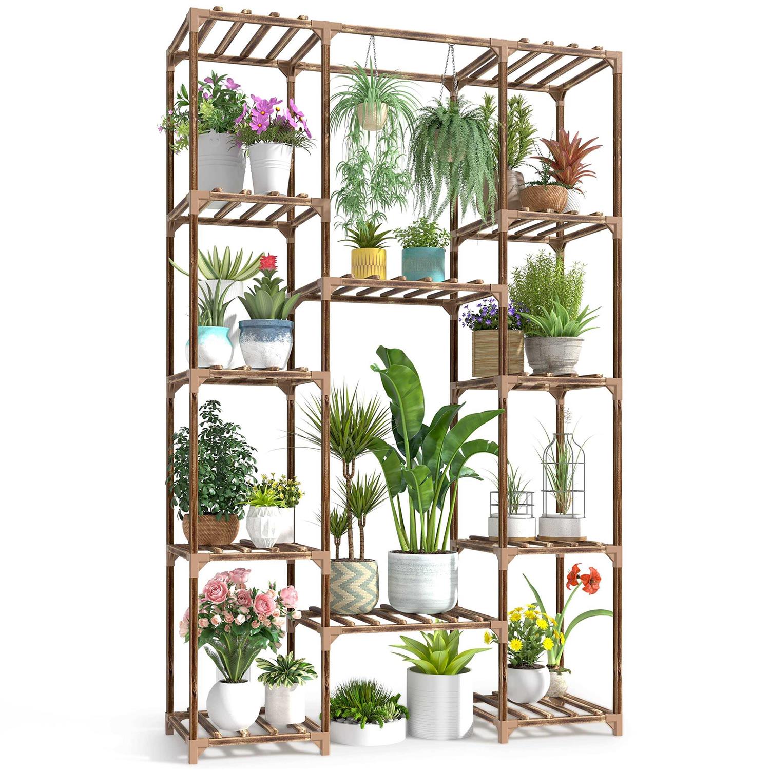 cfmour Wood Plant Stand Indoor Outdoor 62.2 Tall Flower Shelf Tiered Plant Stands for Multiple Plants Large Planter Holder Hanging Shelves Rack