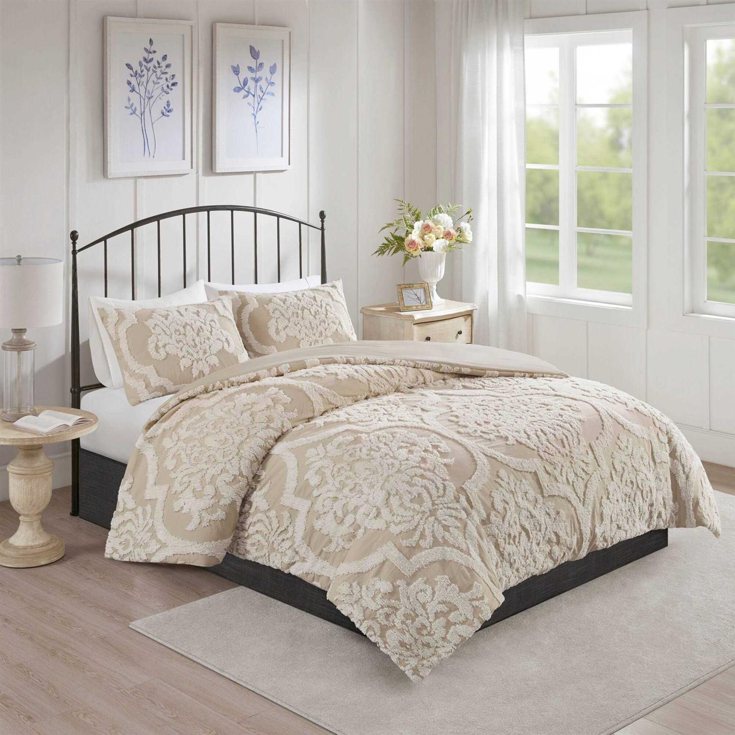 Madison Park Viola 3 Piece Tufted Cotton Chenille Damask Comforter Set