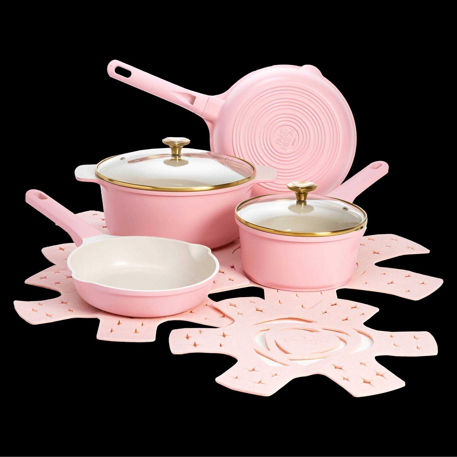 Paris Hilton Clean Ceramic Nonstick Cast Aluminum Cookware Set with Heart Shaped Lid Knobs