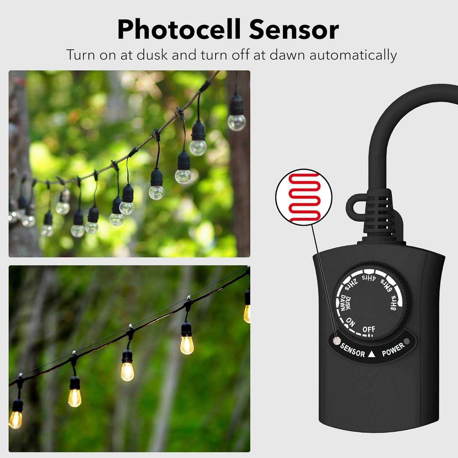 Outdoor Photocell Light Timer Waterproof Dusk to Dawn Sensor Timer Outlet 2/4/6/8 Countdown HBN
