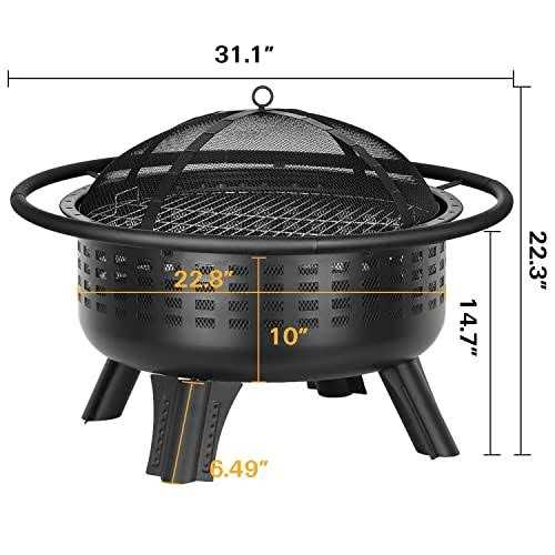 Hykolity 2 in 1 Fire Pit with Grill Large 31 Wood Burning Fire Pit with Swivel Cooking Grate Outdoor Firepit for Backyard Bonfire Patio Outside