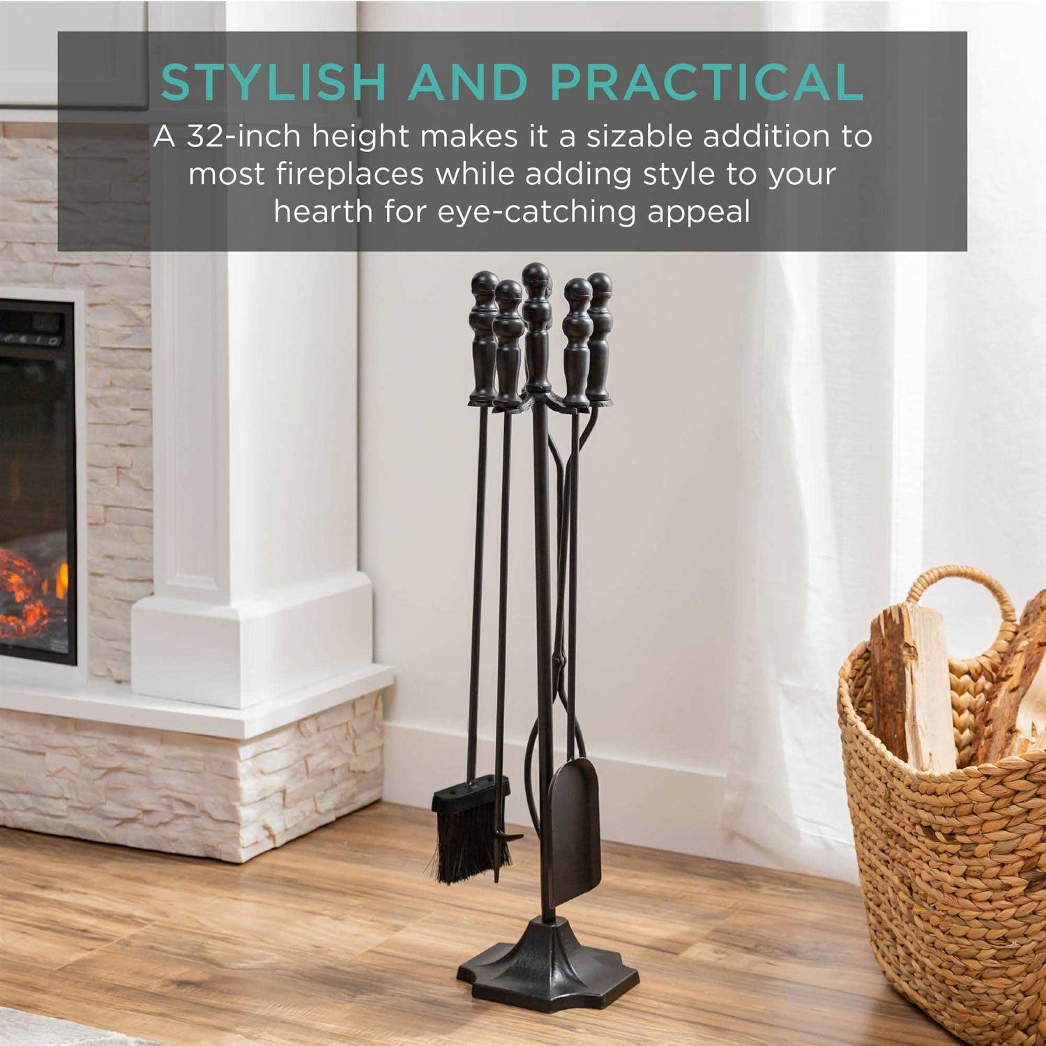 Best Choice Products 5-Piece Indoor Outdoor Fireplace Iron Tool Set w/ Tongs