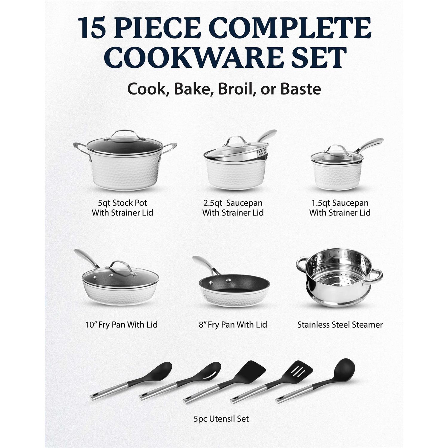 Granitestone Charleston Collection Hammered 15 Piece Nonstick Cookware Set with Utensils