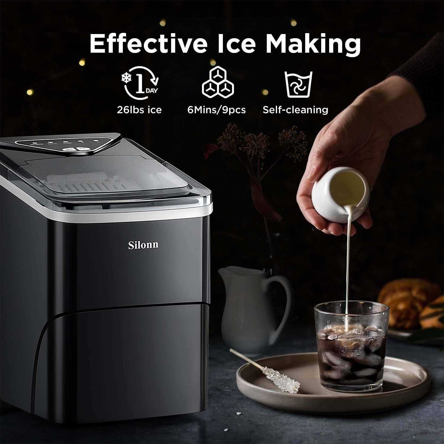 Silonn Ice Maker Countertop, 9 Cubes Ready in 6 Mins, 26lbs in 24Hrs, Self-Cleaning Ice Machine with Ice Scoop and Basket