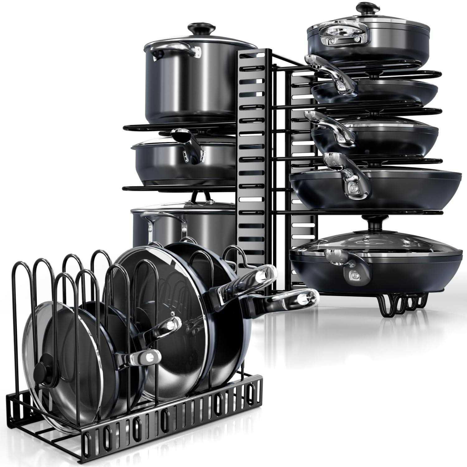 Pots and Pans Organizer Under Cabinet 8-Tier Adjustable Pan Organizer Rack for Cabinet