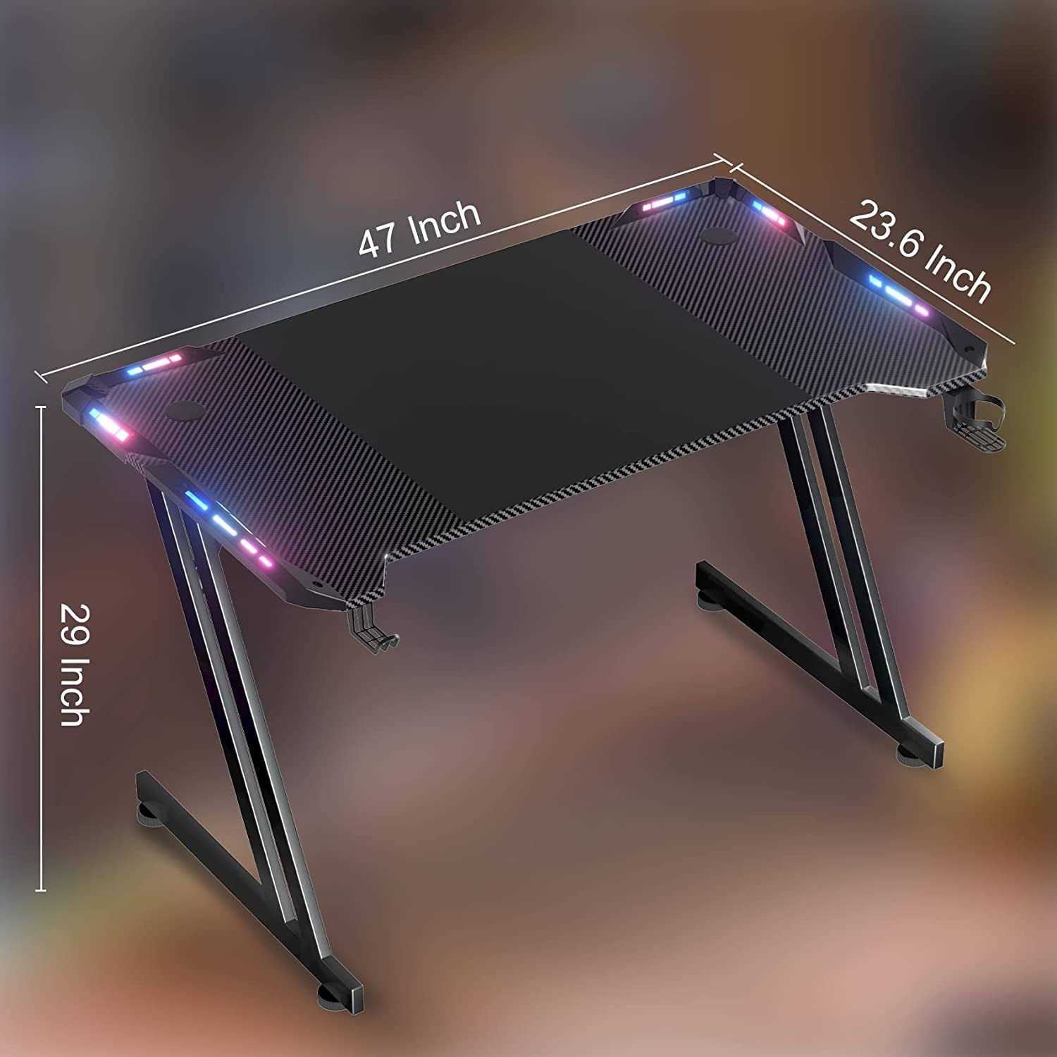 Hldirect 47 Inch Gaming Desk with LED Lights Carbon Fibre Surface Gaming Table Large Computer Desk Ergonomic Home Office Desks Z Shaped PC Gamer