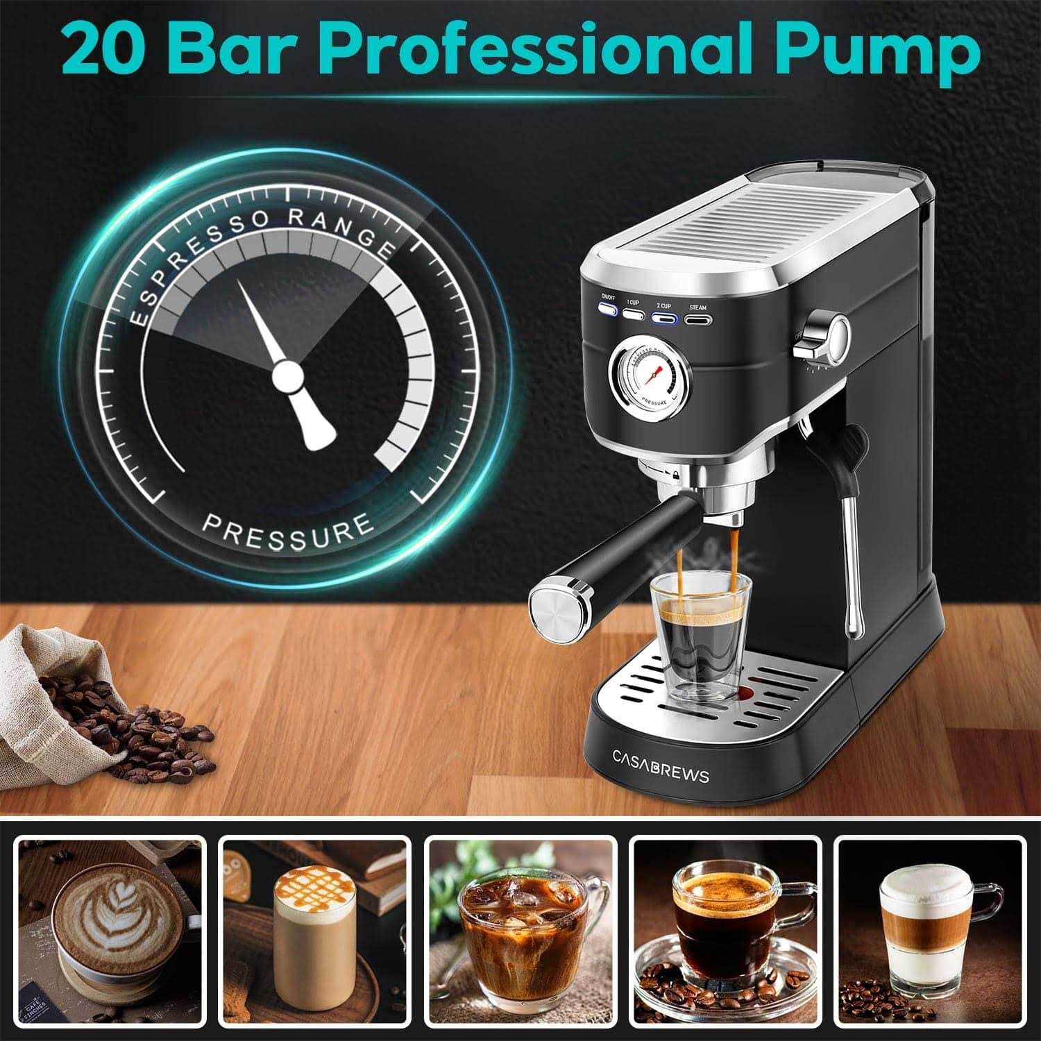 Casabrews CM5418 Compact 20-Bar Espresso Machine with Stainless Steel Milk Frother