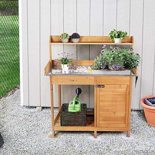 Yaheetech Outdoor Garden Potting Bench Table Work Bench metal Tabletop W/cabinet Drawer open Shelf