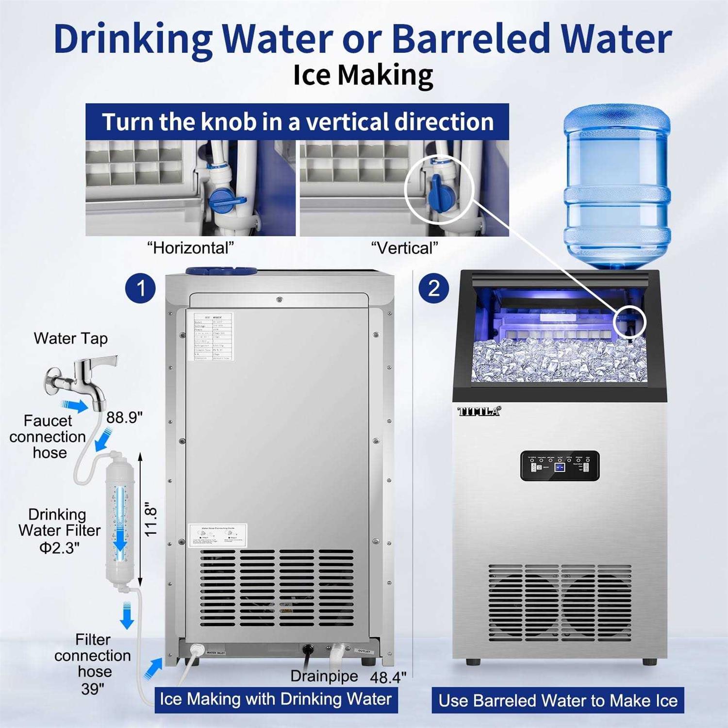 Tittla 14 in. 88 lb. Built-in Ice Maker in Stainless Steel Flip-up Door 2 Water Inlet Modes with Scoop & Water Filter Blue LEDs