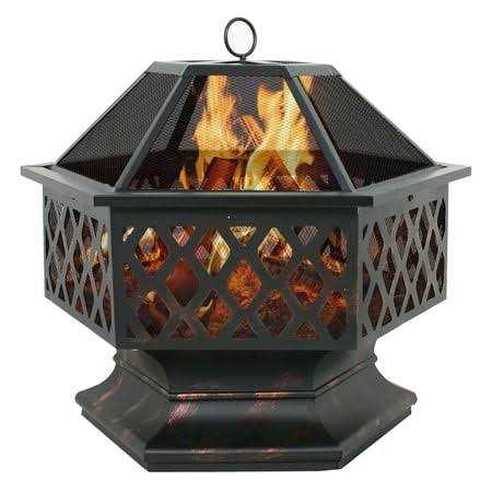 Zenstyle Outdoor Patio Steel Fire Pit 24 inch Hex Shaped Backyard Fireplace Wood Burning Firepit Bowl