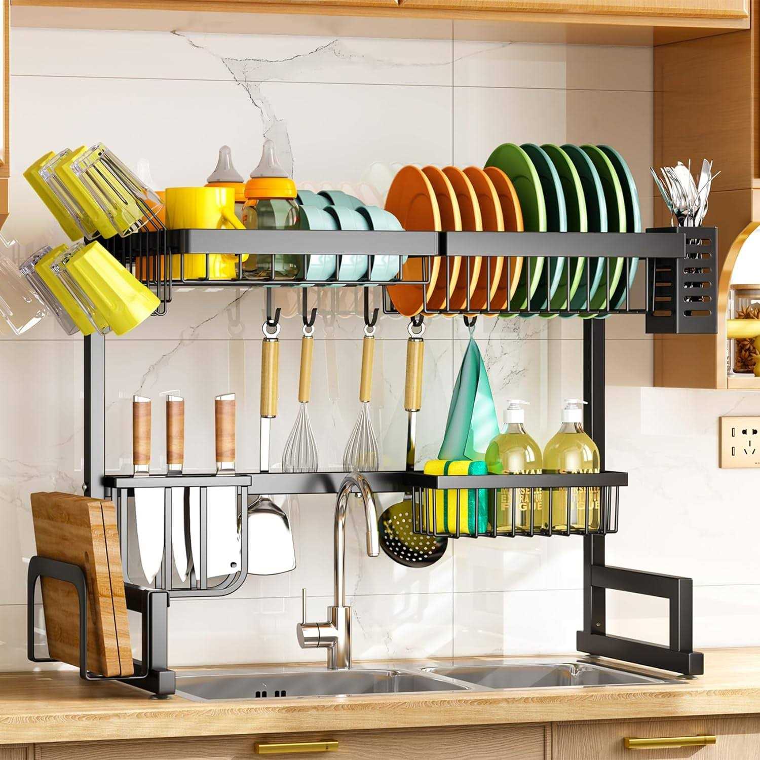 SNTD Over The Sink Dish Drying Rack Adjustable Large Dish Drying Rack for Kitchen Counter with Multiple Baskets Utensil Sponge