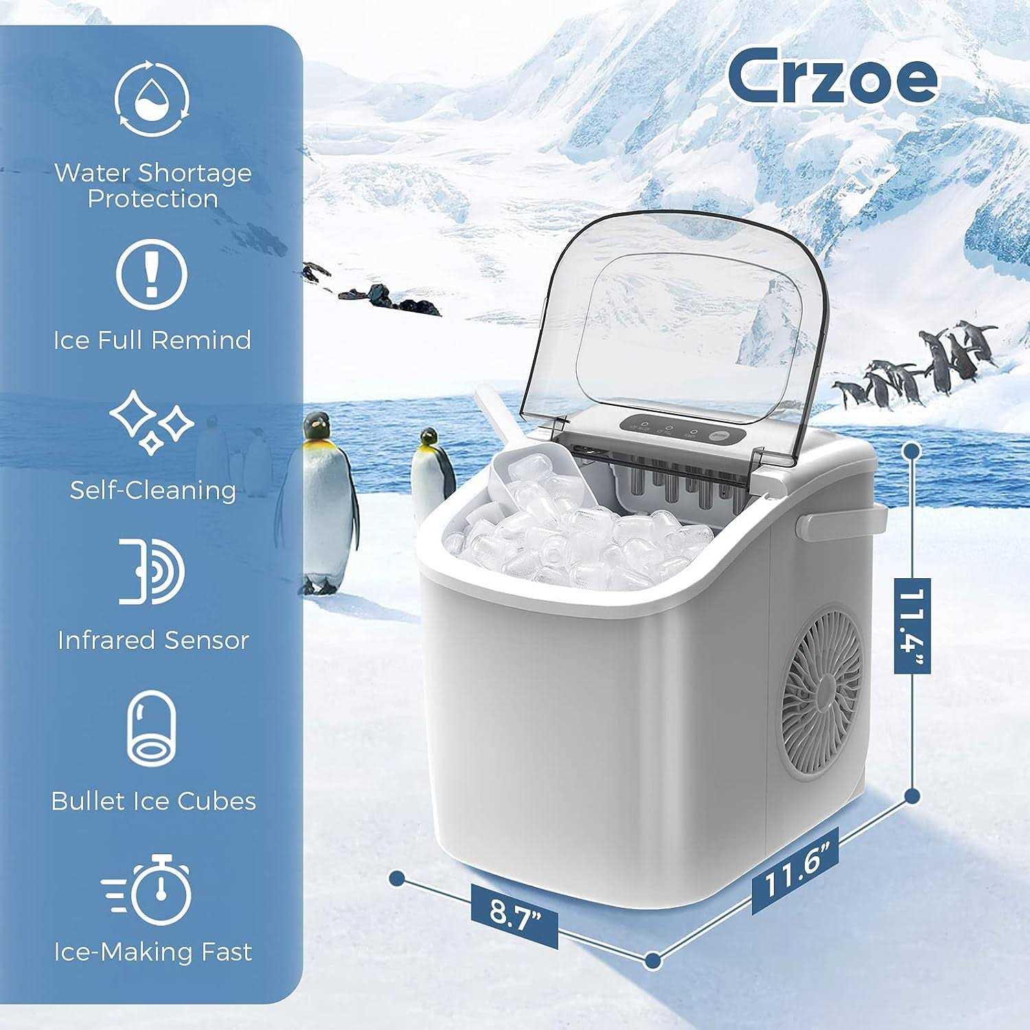 Crzoe Countertop Portable Ice Maker Machine With Handle 9 Bullet-shaped Ice Cubes Ready in 6 Mins