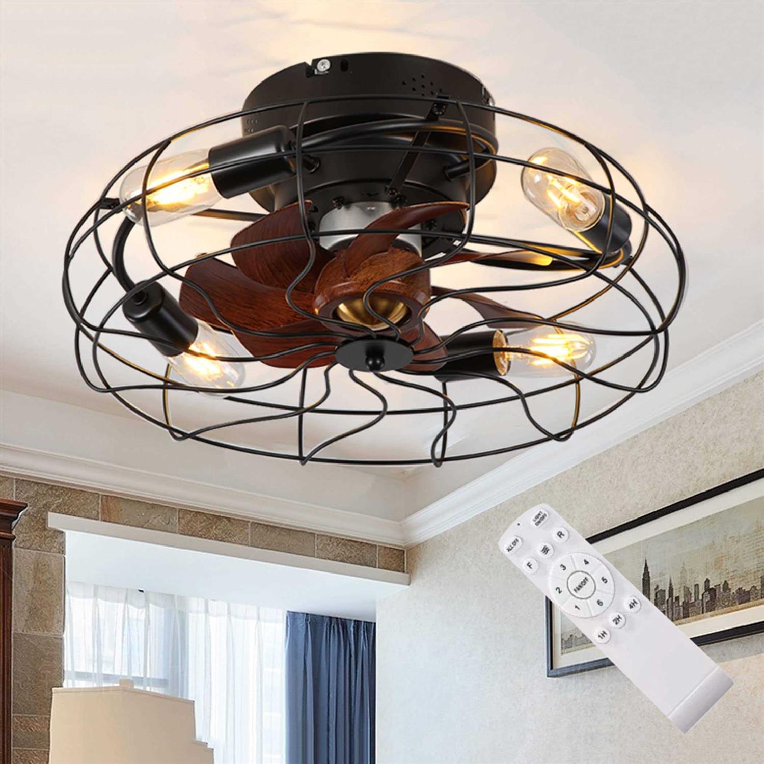 YUANYIJIA Caged Ceiling Fan With Lights Remote Control 21 Low Profile Farmhouse FlushMountFandelier