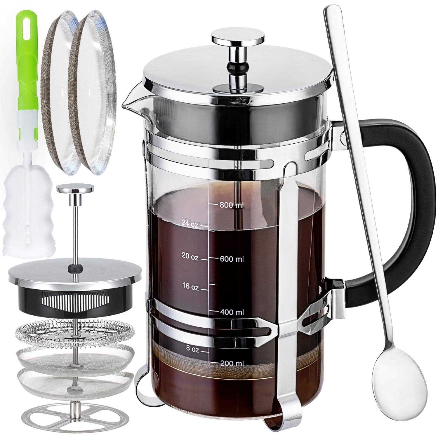 French Press Coffee and Tea maker34oz,304 Stainless Steel Coffee Press with 4 Filters Screen-100% No Residue -german Heat-Resistant Borosilicate