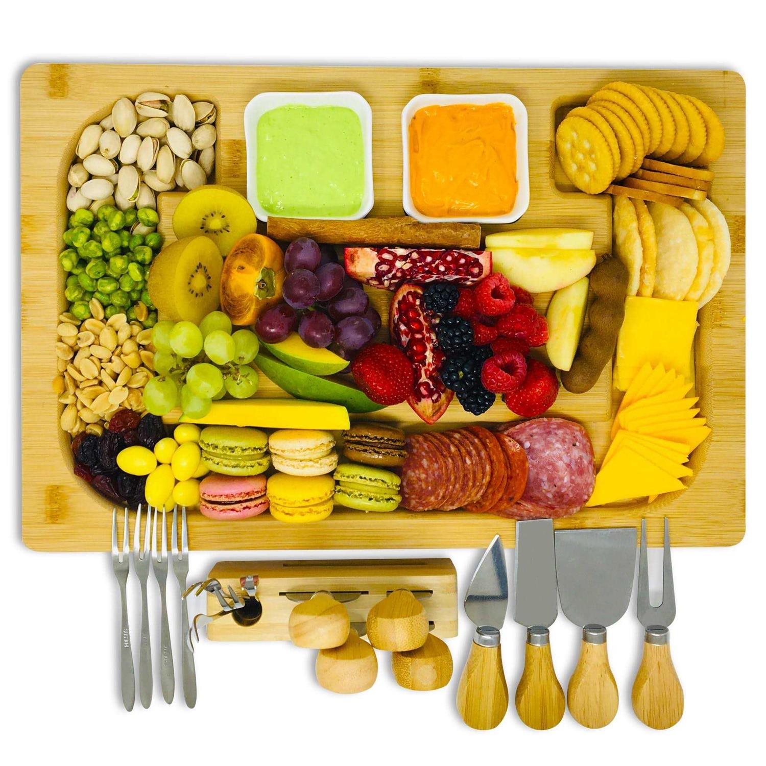 Charcuterie Cheese Board Set with Bonus Knives, Bowls, and Forks – Reversible Extra