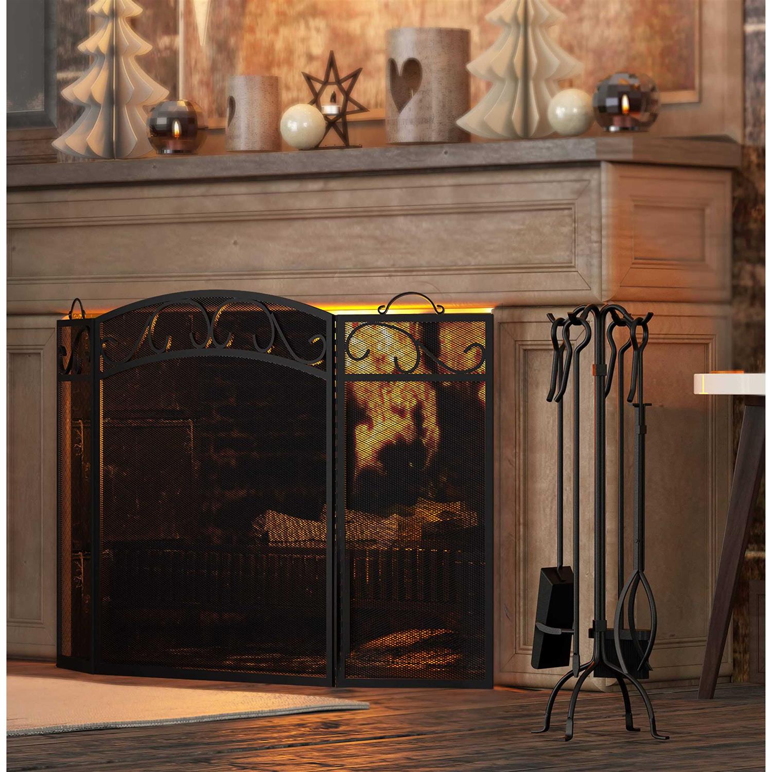 Fire Beauty Fireplace Screen 3 Panel with Handles Wrought Iron 51′ x31 Spark Guard Cover
