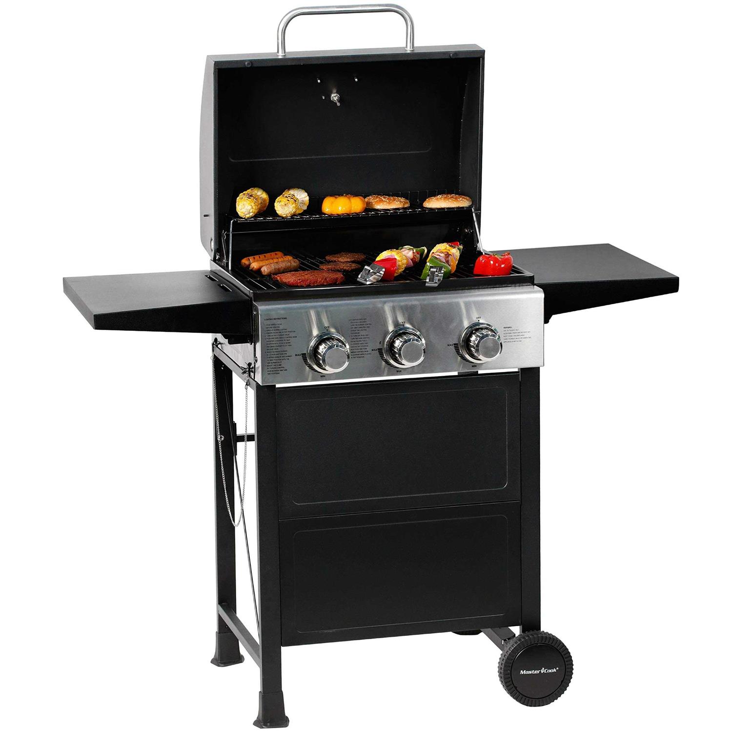 Master Cook 3 Burner BBQ Propane Gas Grill Stainless Steel 30,000 BTU Patio Garden Barbecue Grill with Two Foldable Shelves