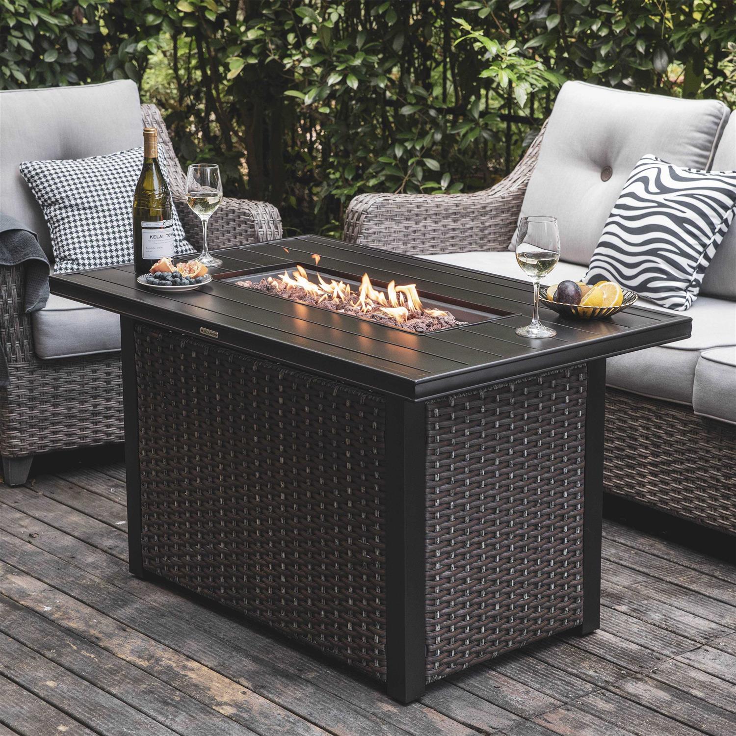 Nuu Garden 42.91-in W 50000-BTU Dark Brown&Coffee Tabletop Iron Propane Gas Fire Pit Table Stainless Steel