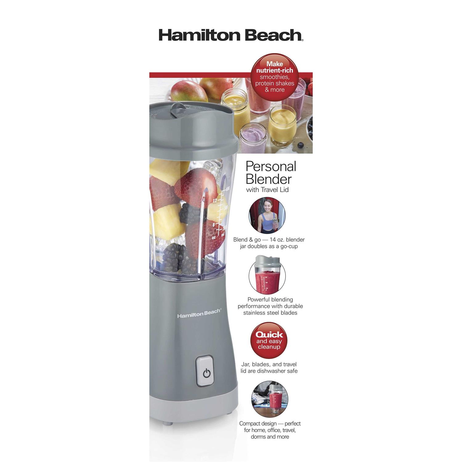 Hamilton Beach Grey Single Serve Blender With Lid