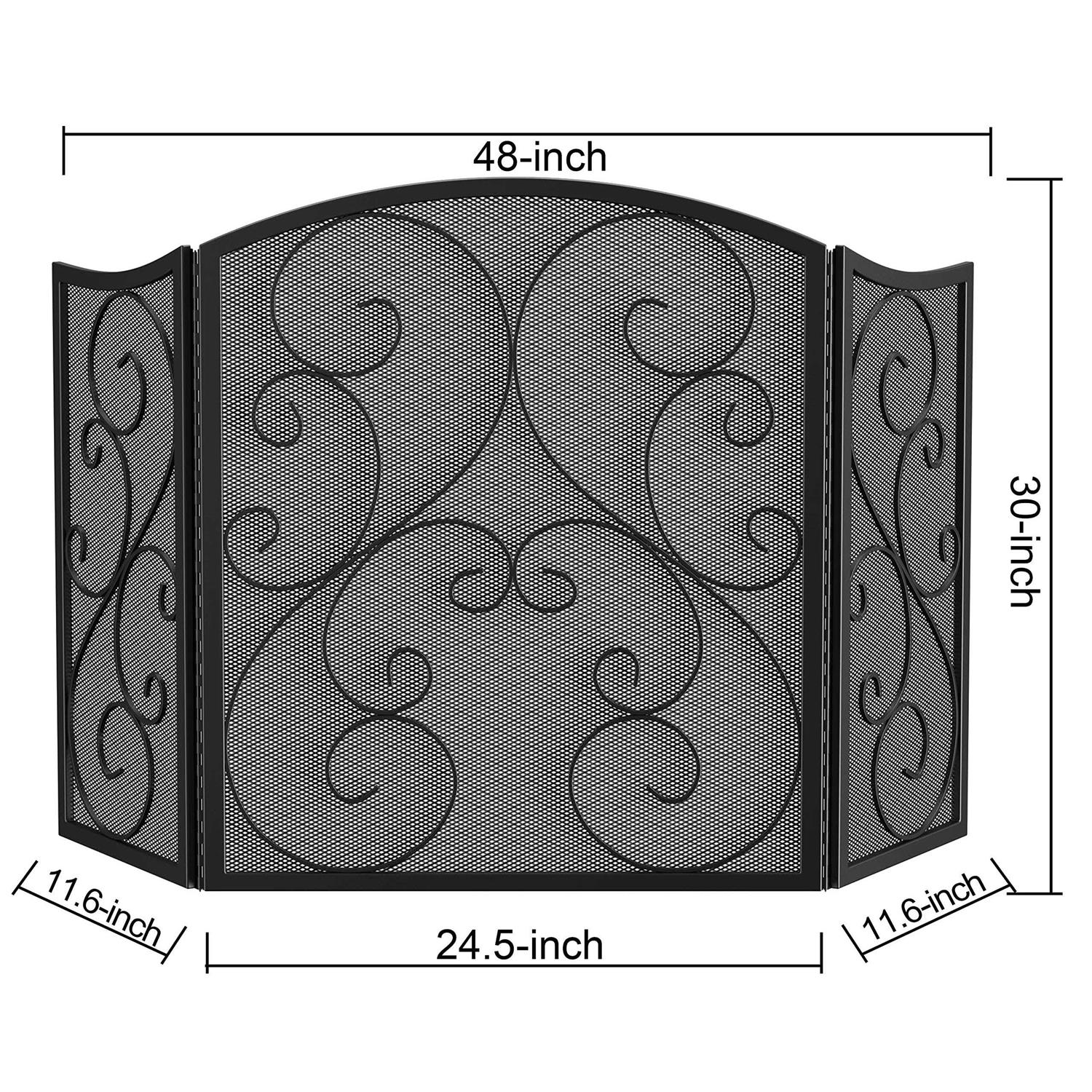 Fire Beauty Fireplace Screen 3 Panel Wrought Iron Black Metal 48 x30 Spark Guard Cover
