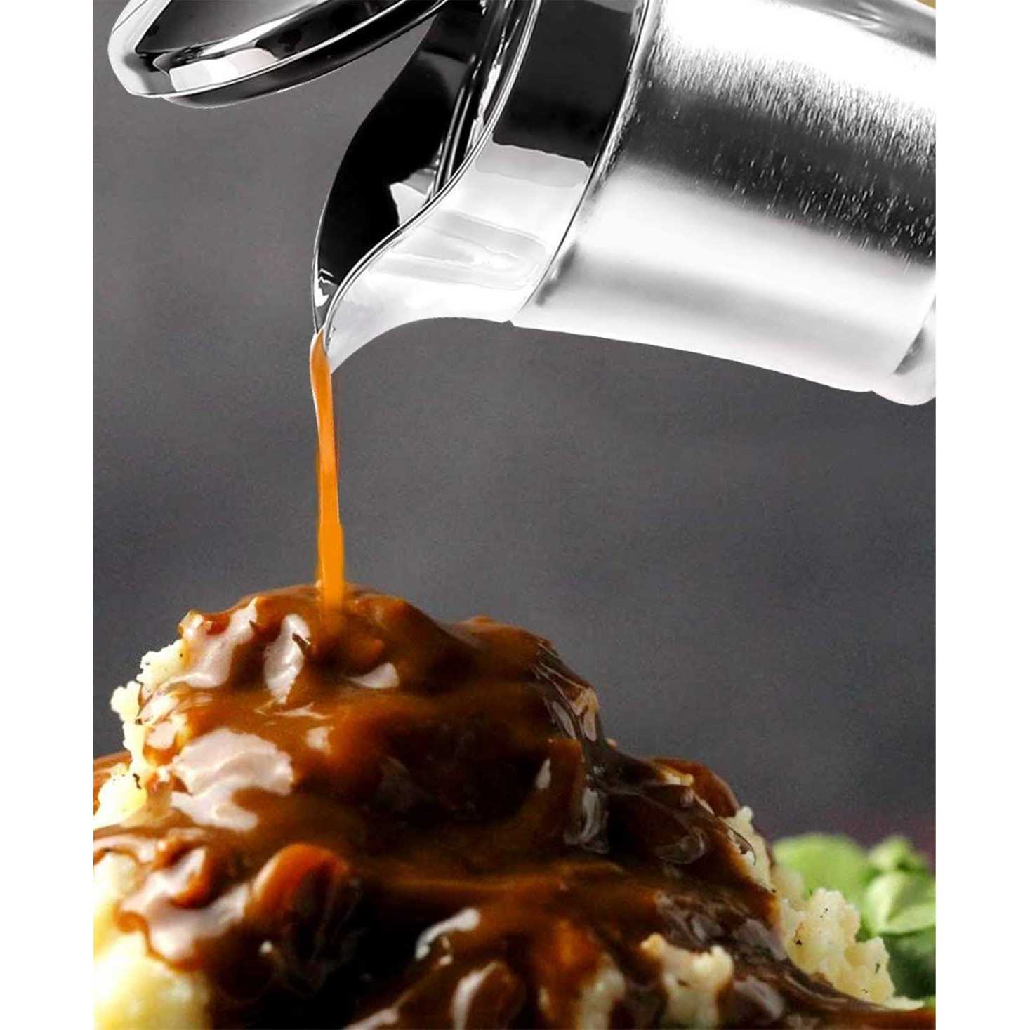 Ovente Stainless Steel Gravy Boat, Double Insulated Sauce Jug with Hinged Lid, 14oz Ideal for Serving Cream or Salad Dressing at Family Dinner