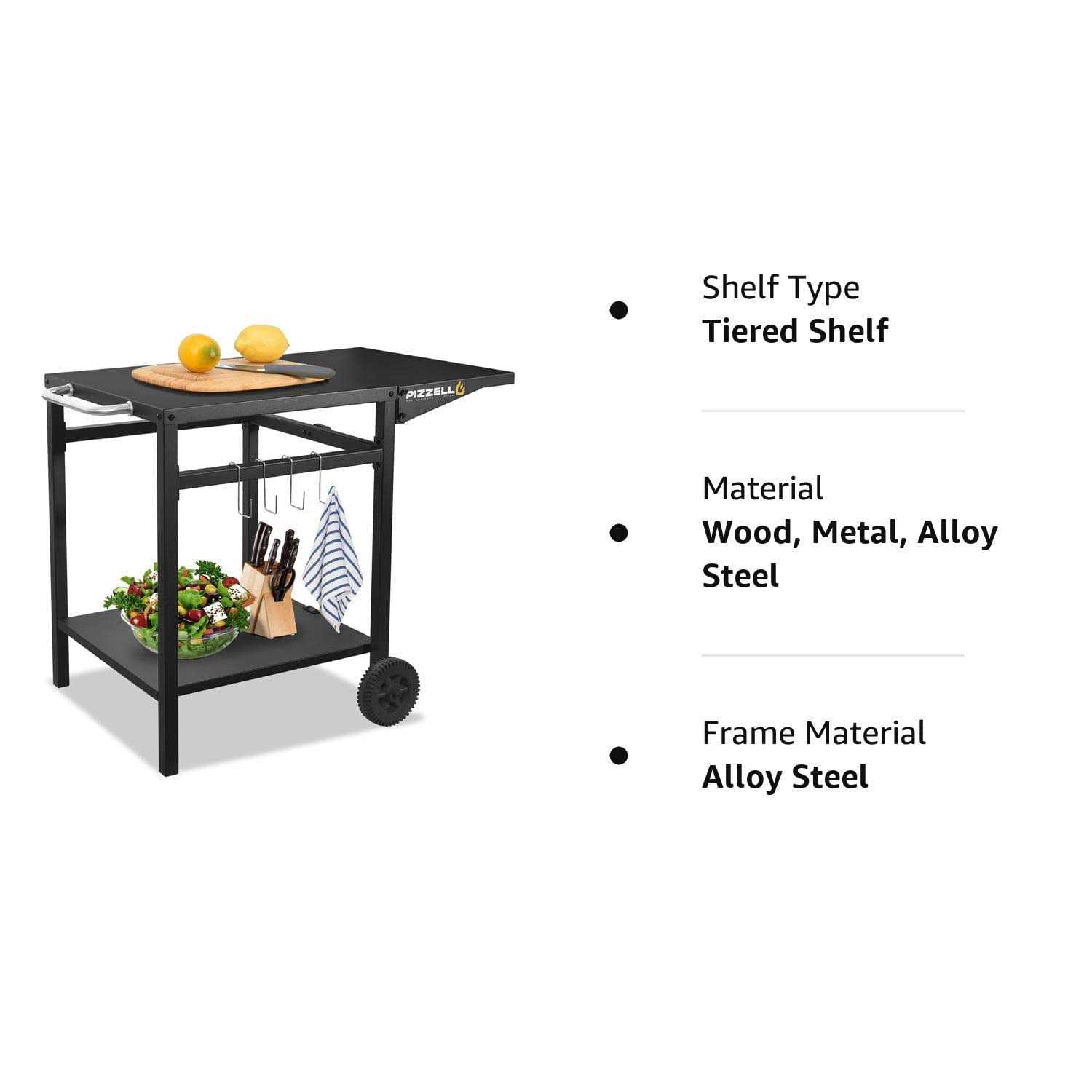 Outdoor Grill Cart Pizza Oven Trolley Stand Double Shelf Outdoor Worktable with 2 Wheels PIZZELLO
