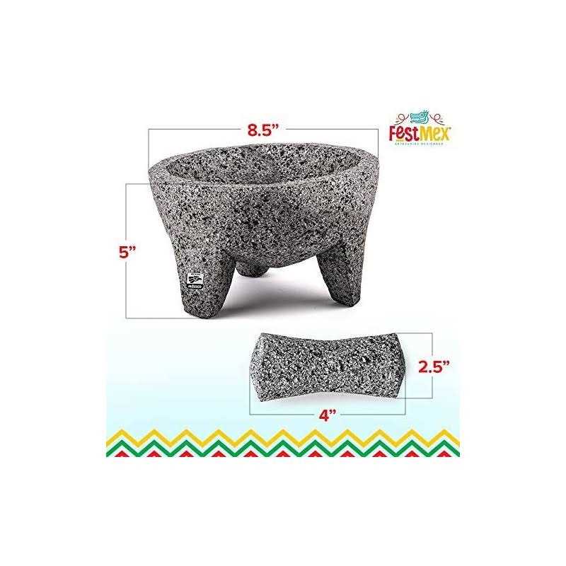 FESTMEX Genuine Handmade Mexican Mortar and Pestle Molcajete de Piedra Natural Volcanica Stone