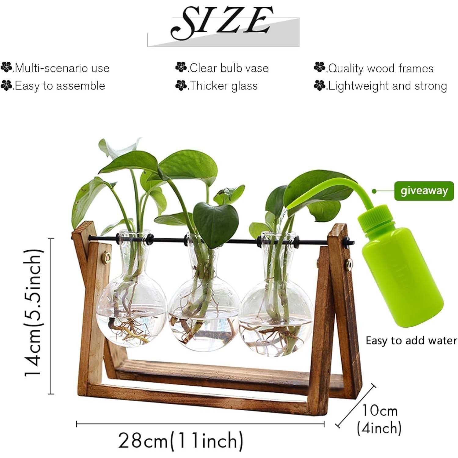Xxxflower Plant Terrarium with Wooden Stand Air Planter Bulb Glass Vase Metal Swivel Holder Retro Tabletop for Hydroponics Home Garden Office