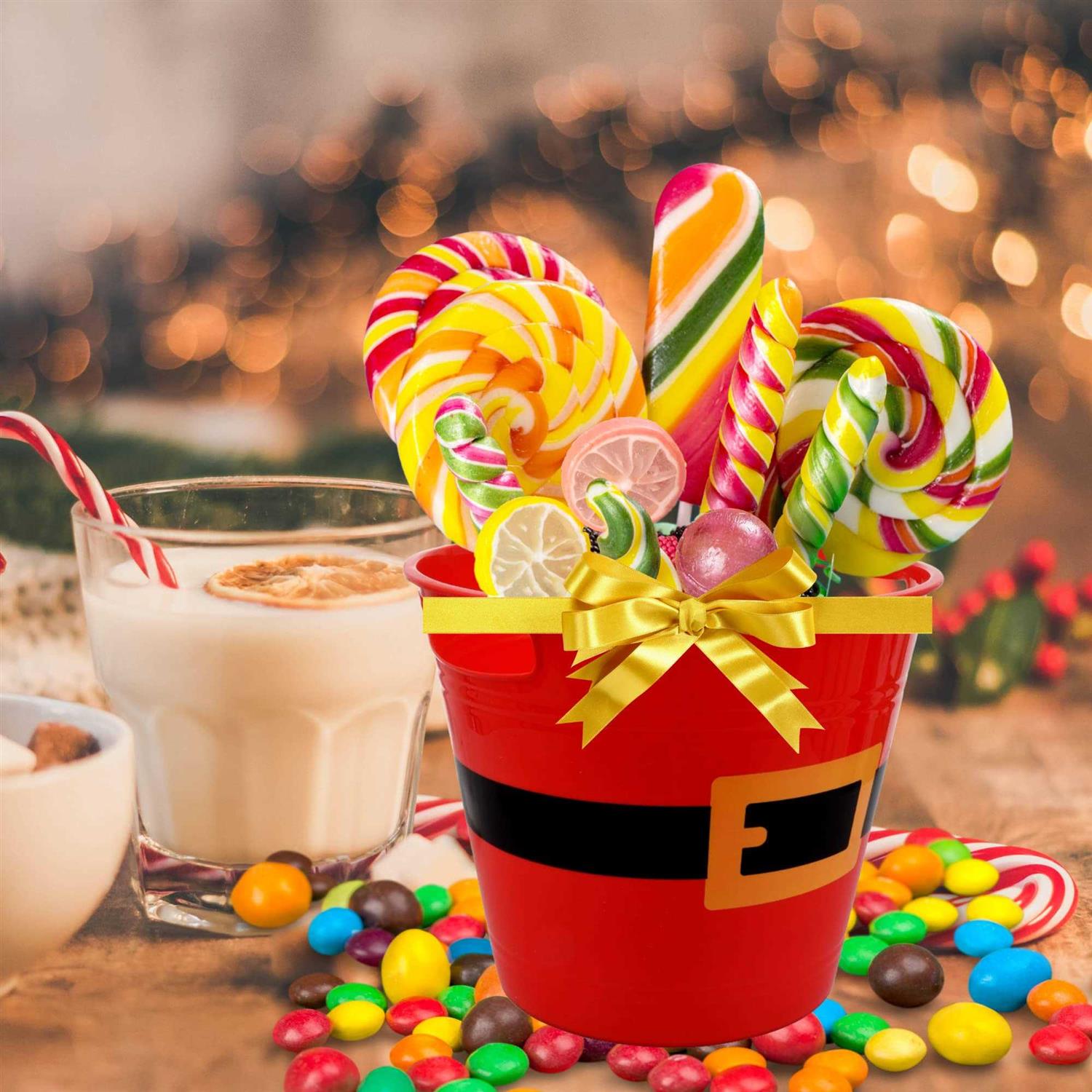 LLE Plastic Buckets with Handles Red Santa Belt Round Basket Multi-Purpose Container Decorative Home Kitchen Candy Bars Vase Toy Baskets