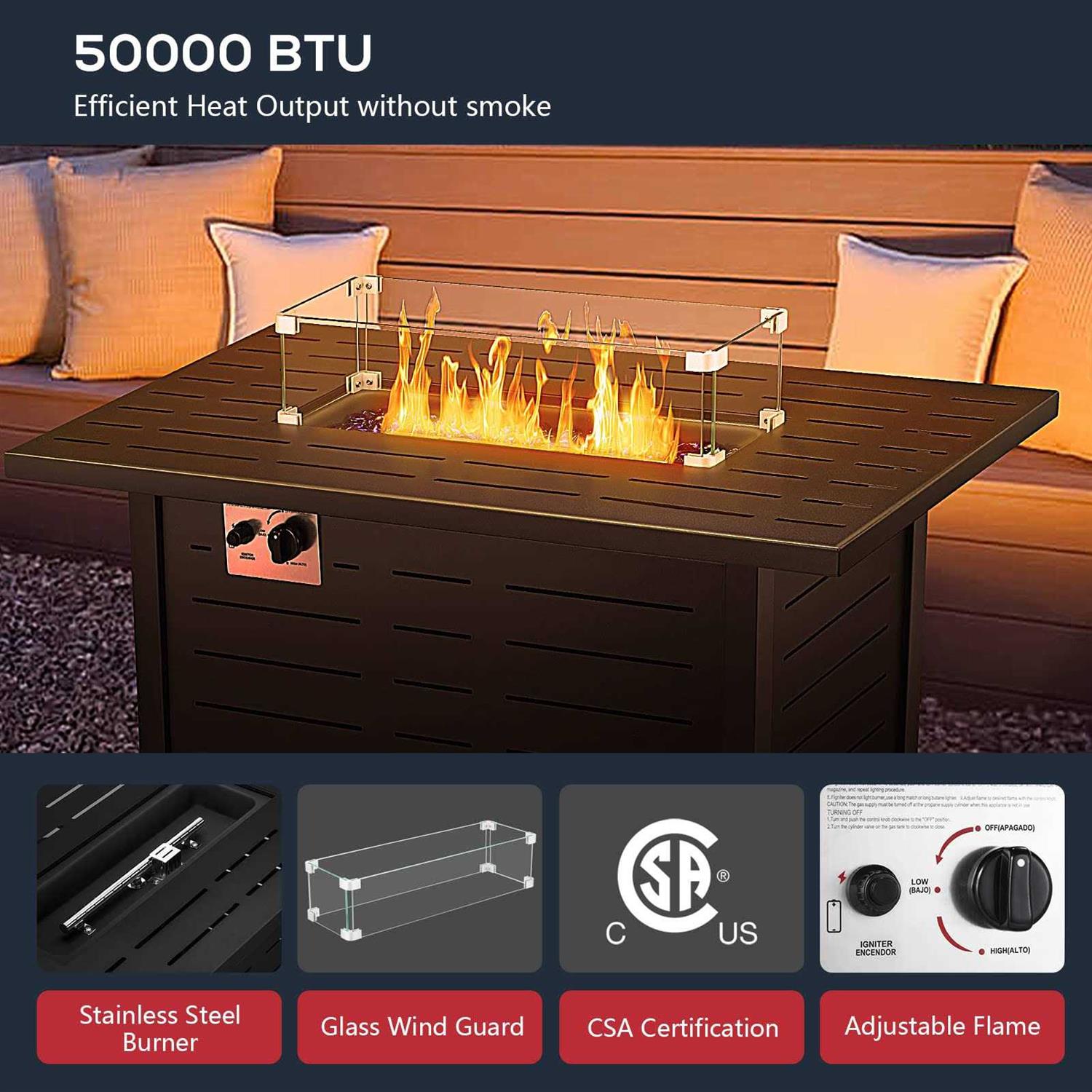 R.W.FLAME Fire Pit Table 43in Square Metal Firepits Propane with Lava Rocks