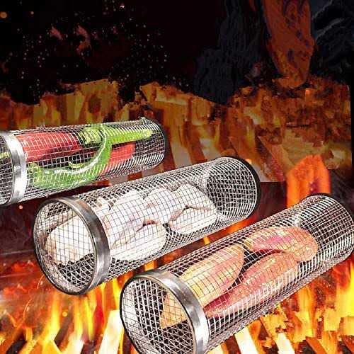 Rolling Grilling Basket Stainless Steel BBQ Grill Basket Outdoor Camping Barbecue Portable Roll Grill Basket