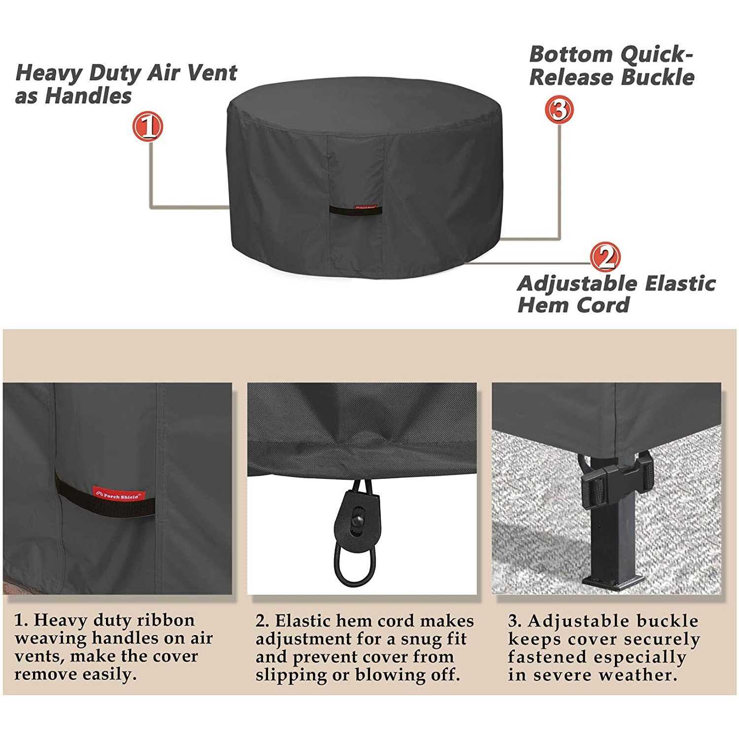 Porch Shield Fire Pit Cover Waterproof 600d Heavy Duty Round Patio Fire Bowl Cover