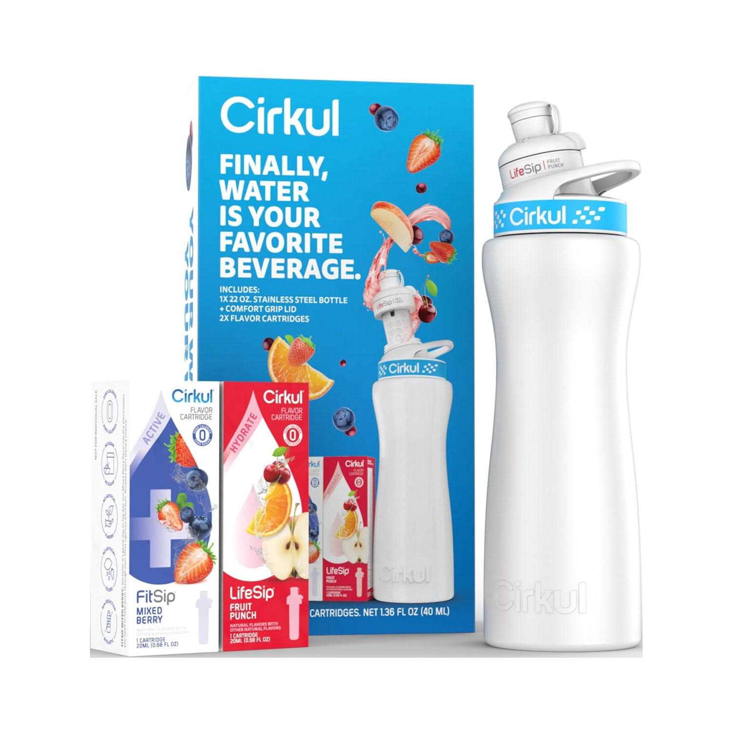 Cirkul 22oz White Stainless Steel Water Bottle Starter Kit with Blue Lid and 2 Flavor Cartridges