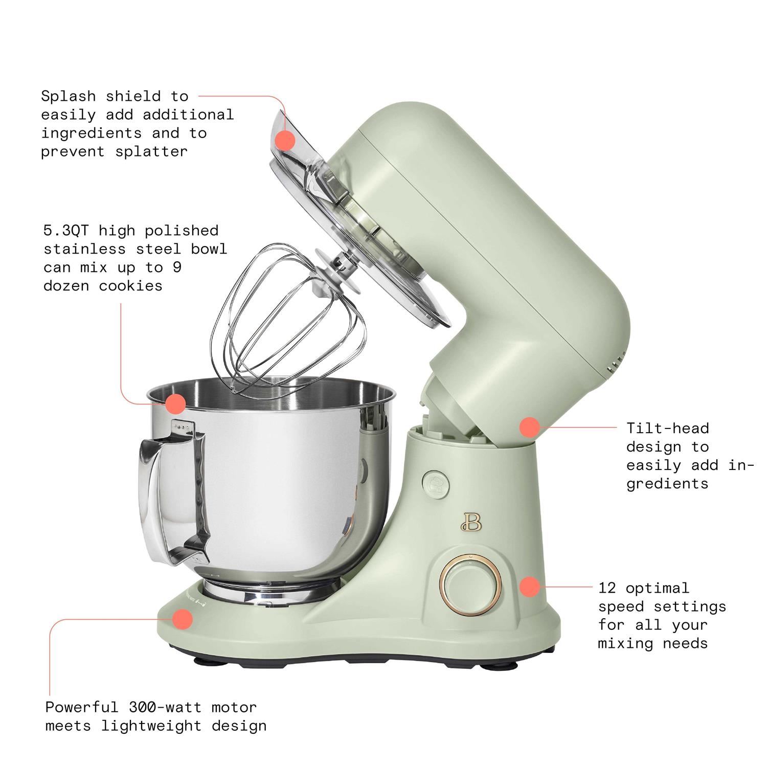 Beautiful 5.3QT Lightweight & Powerful Tilt-Head Stand Mixer