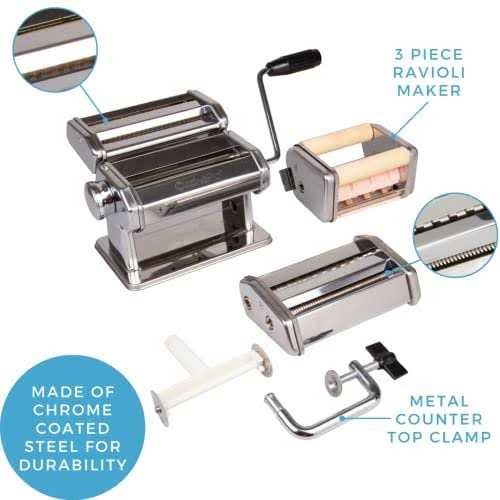 Pasta Maker Deluxe Set by Cucina Pro -Includes Spaghetti Fettucini Angel Hair Ravioli Lasagnette Attachments