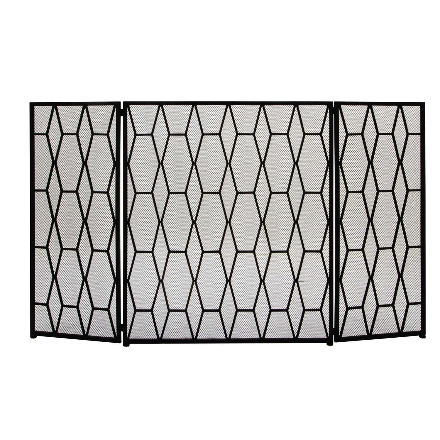 Litton Lane Black Metal Geometric Foldable Mesh Netting 3 Panel Fireplace Screen