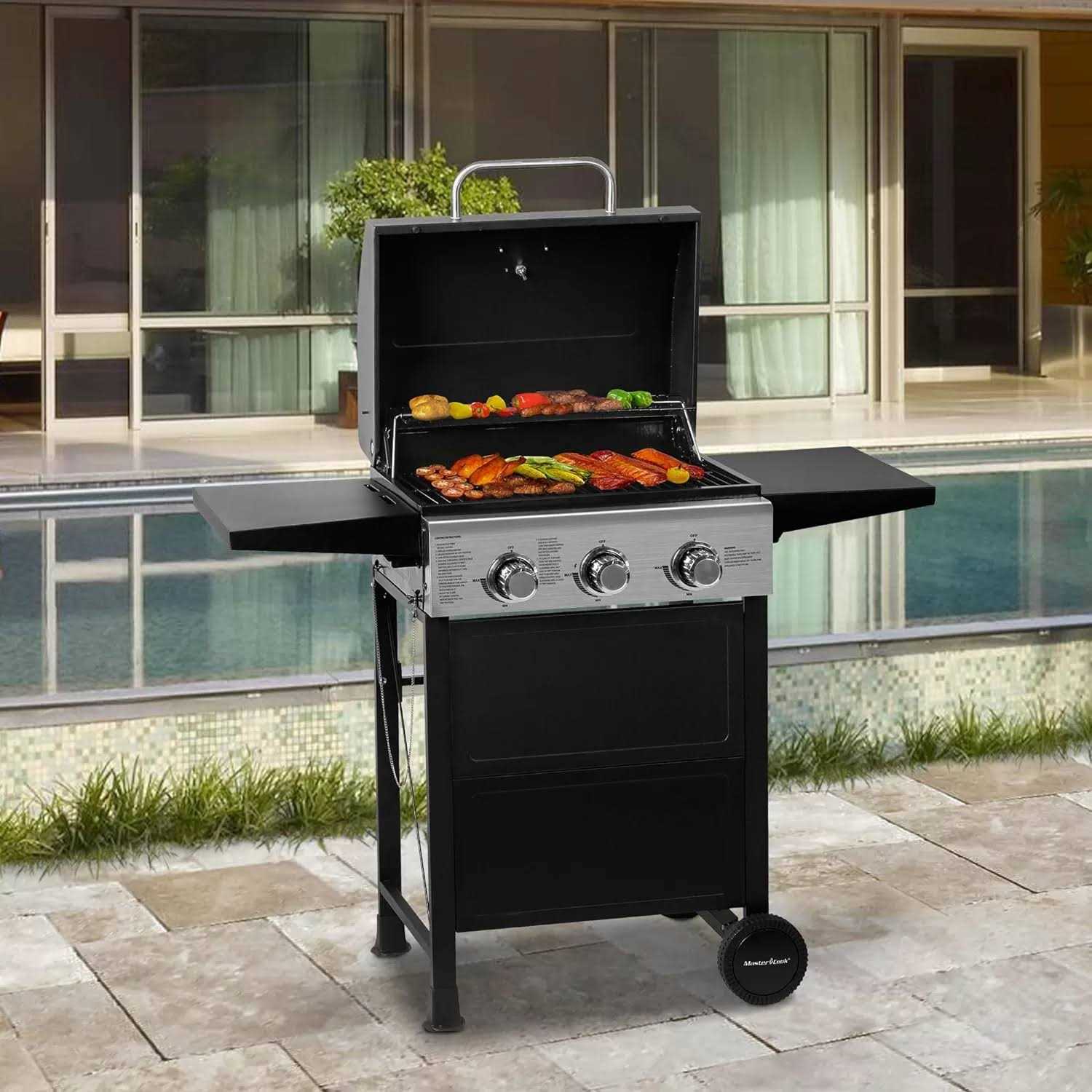 Master Cook 3 Burner BBQ Propane Gas Grill Stainless Steel 30,000 BTU Patio Garden Barbecue Grill with Two Foldable Shelves