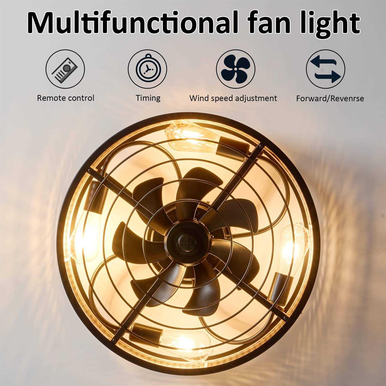 zheshirui Rattan Boho Ceiling Fan with Light Flush Mount, 20 Inch Caged Ceiling Fans with Light and Remote Control