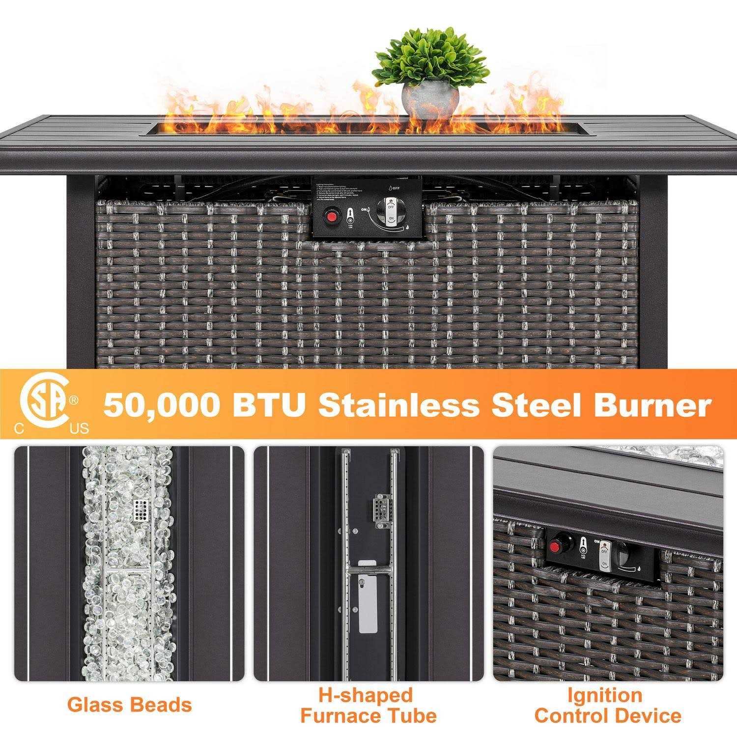 Nuu Garden 42-in W 50000-BTU Tabletop Aluminum Propane Gas Fire Pit Table Stainless Steel AF115C-G