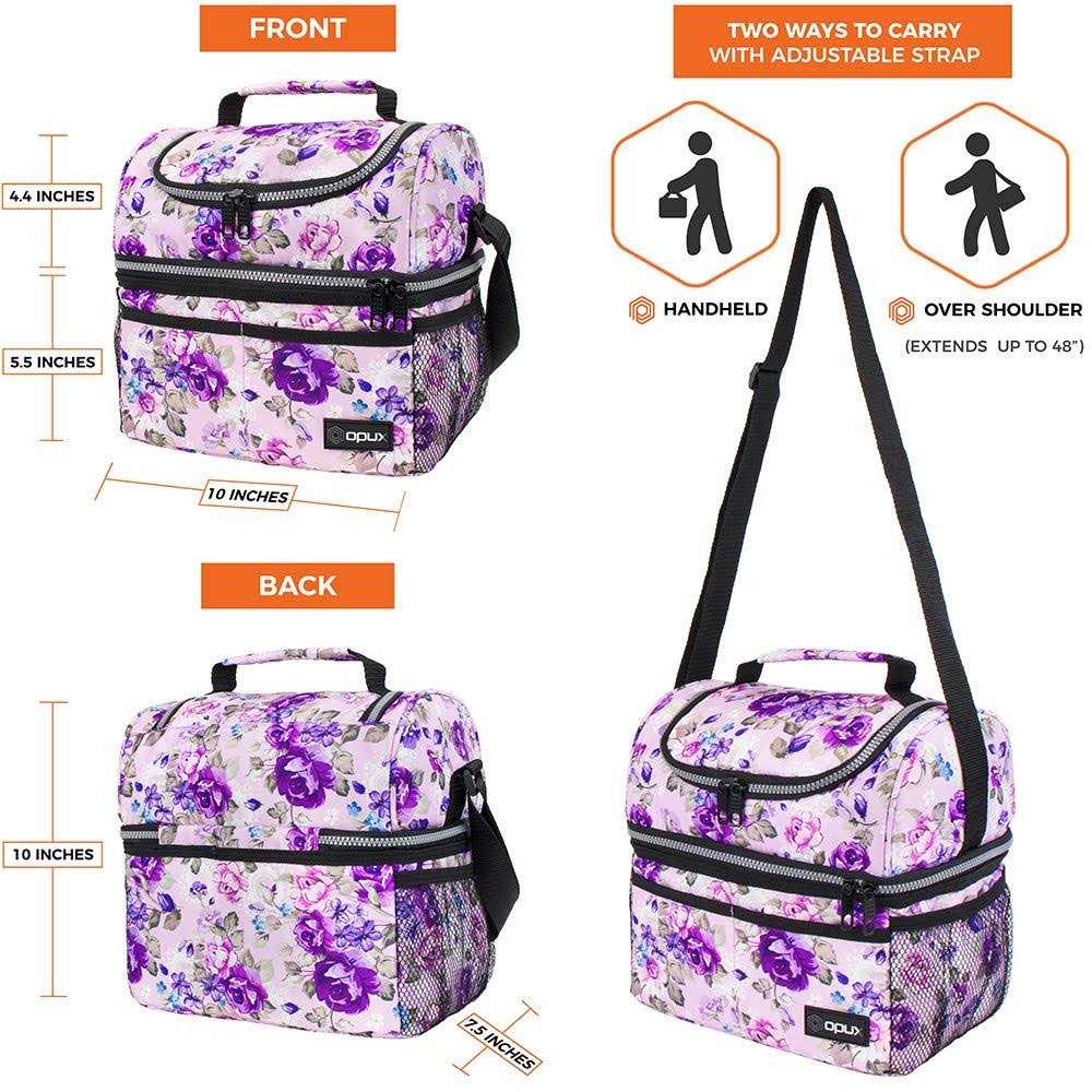 Opux Insulated Dual Compartment Lunch Bag for Men Women Double Deck Reusable Lunch Cooler with Shoulder Strap